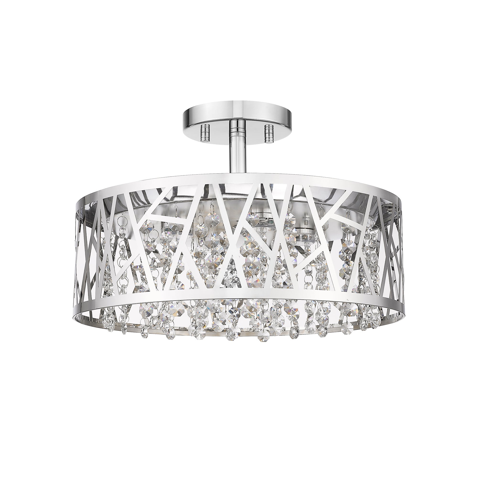 13.78 in. 1-Light Modern Small Chrome Drum Dimmable LED Semi-Flush Mount Ceiling Light with Beaded Crystal Shade