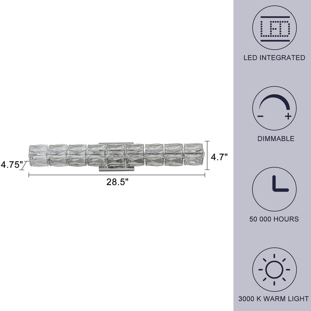 28.5 in. 1-Light Modern Chrome Metal Linear Integrated LED Bathroom Vanity Light Dimmable with Crystal Shade