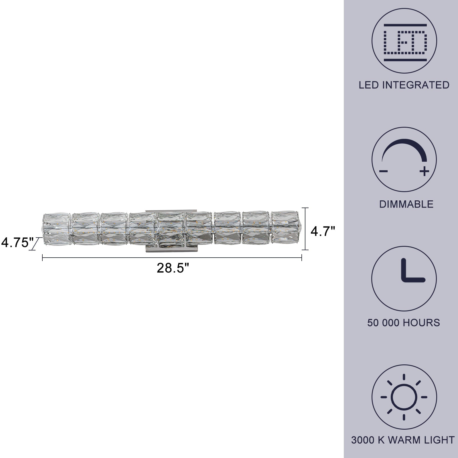 28.5 in. 1-Light Modern Chrome Metal Linear Integrated LED Bathroom Vanity Light Dimmable with Crystal Shade