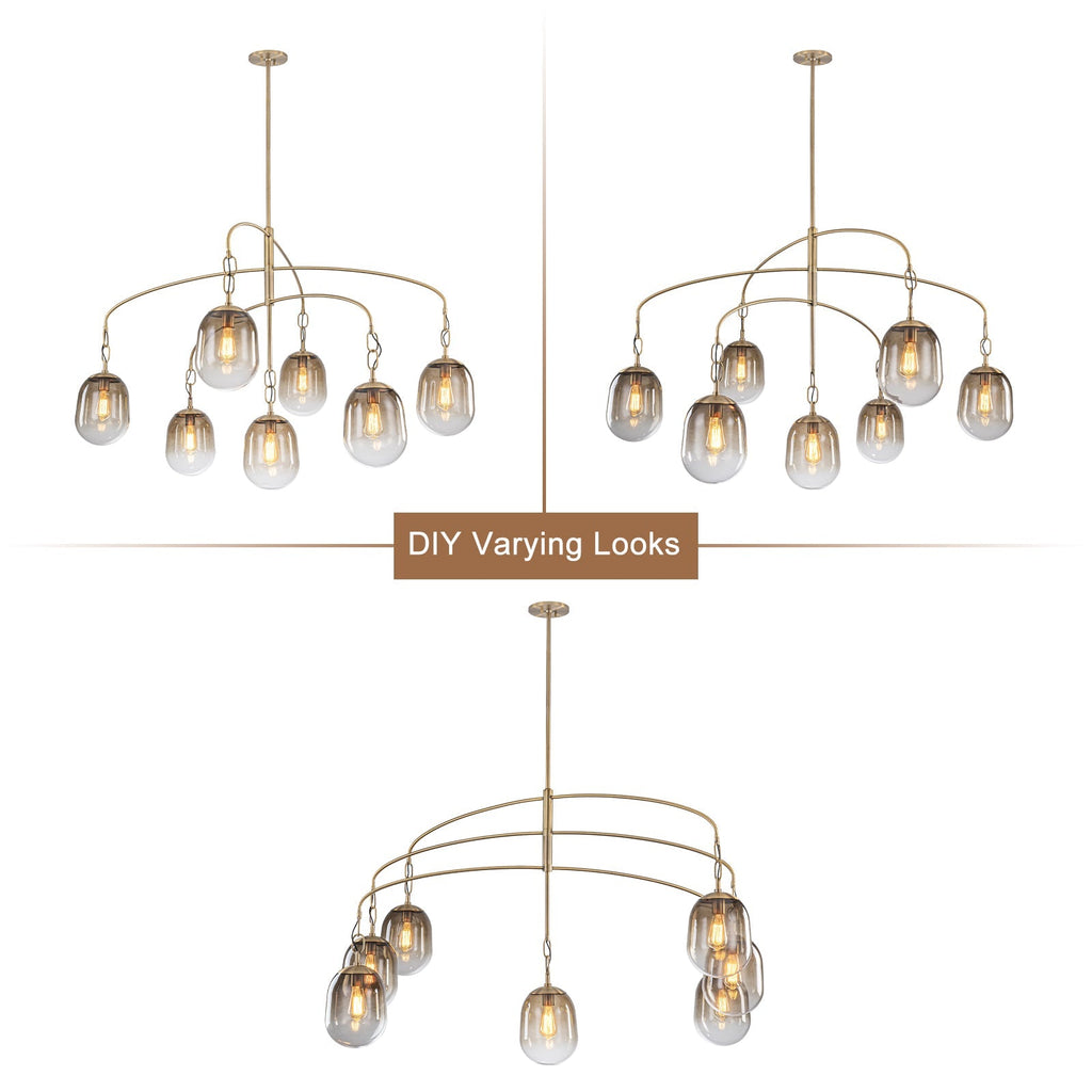 5/7-Light 2/3-Tier Antique Gold Metal Chandelier Pendant with Oval Glass Shades for Living Room, Kitchen Island