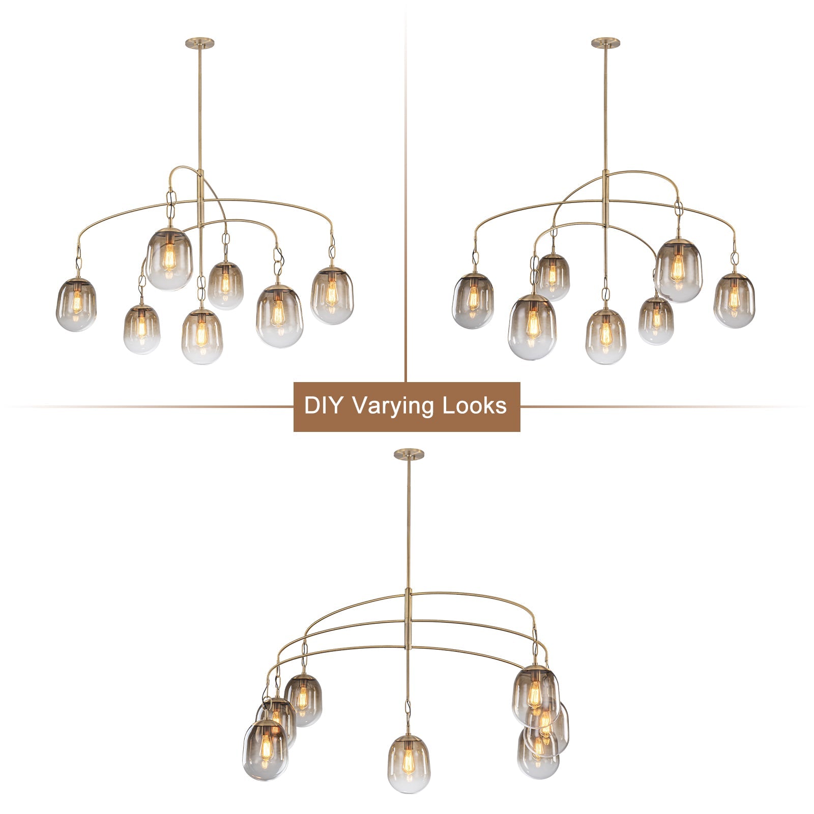 5/7-Light 2/3-Tier Antique Gold Metal Chandelier Pendant with Oval Glass Shades for Living Room, Kitchen Island
