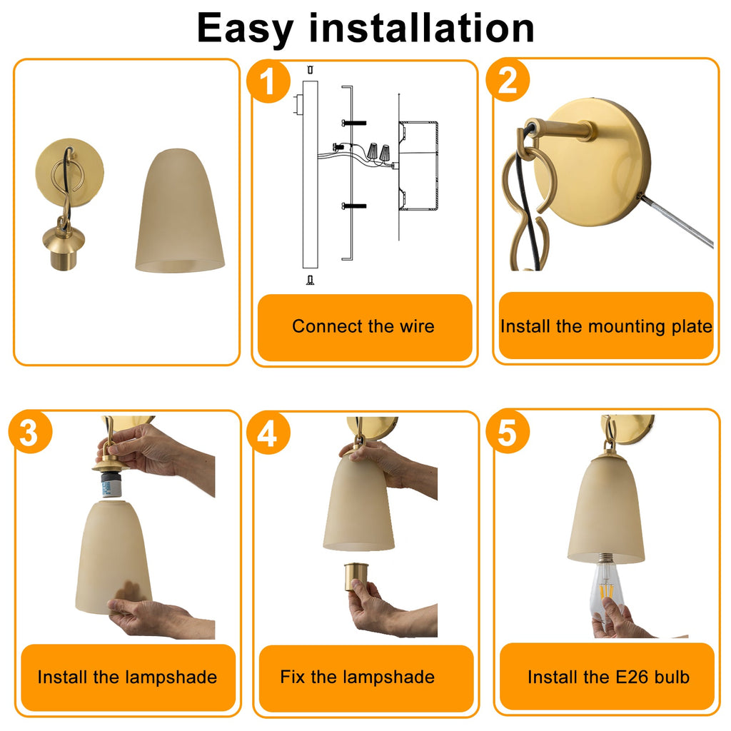 6 in. 1-Light Modern Brass Wall Sconce with Bell Frosted Glass Shade for Bedroom, Living Room, Hallway