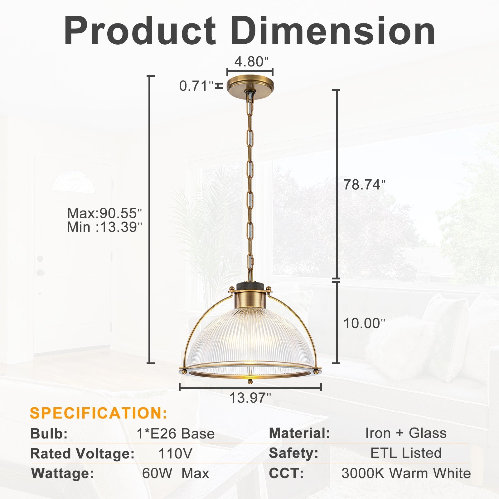 1-Light Industrial Brass Metal Dome Pendant Light with Clear Glass Shade for Kitchen Island, Dining Room