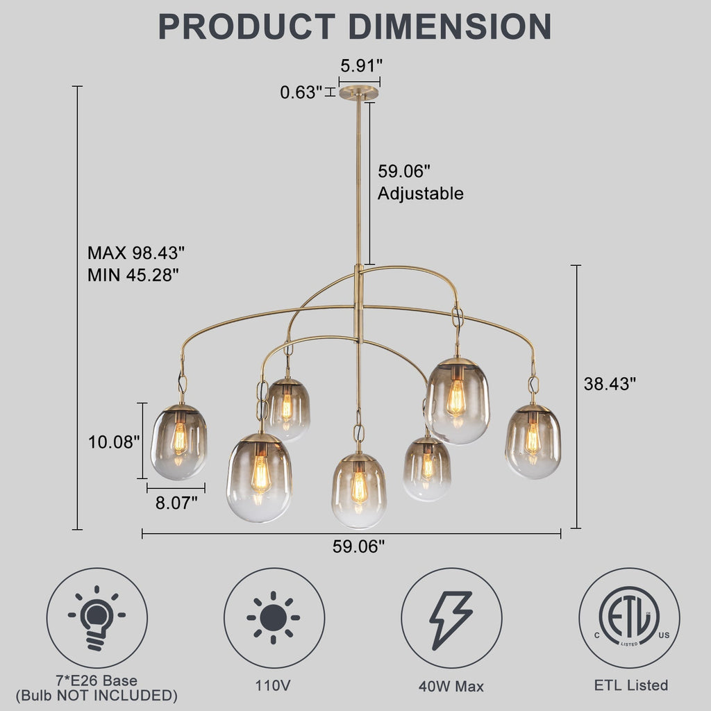 5/7-Light 2/3-Tier Antique Gold Metal Chandelier Pendant with Oval Glass Shades for Living Room, Kitchen Island
