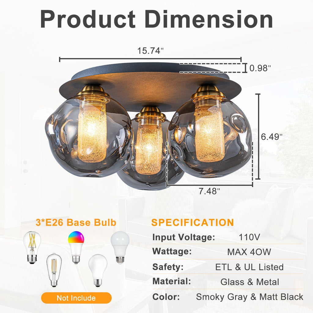 17.7 in. 3-Light Modern Black Metal Flush Mount Ceiling Light with Globe Smoky Gray Glass Shades for Dining Roo