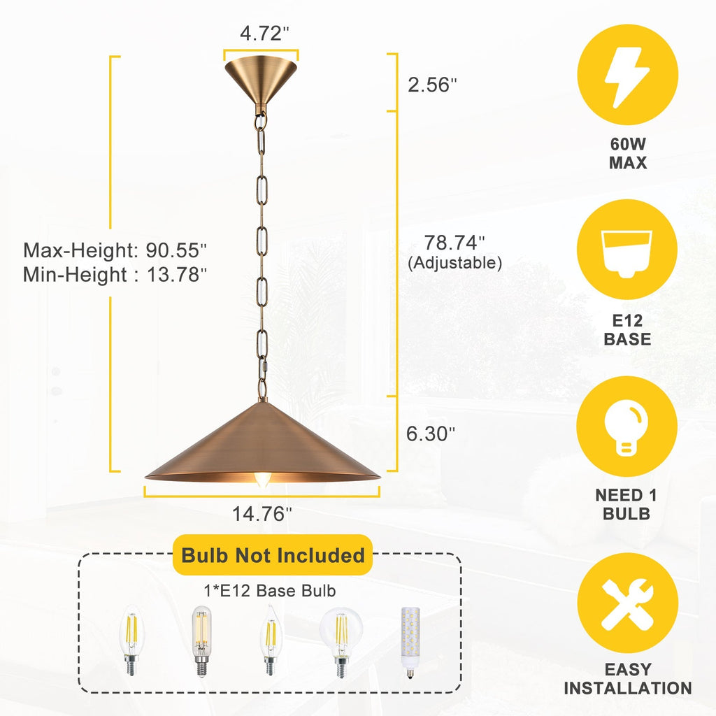 14.76 in. 60-Watt 1-Light Vintage Bronze Island Pendant Light with Cone Iron Shade for Kitchen, Dining Room