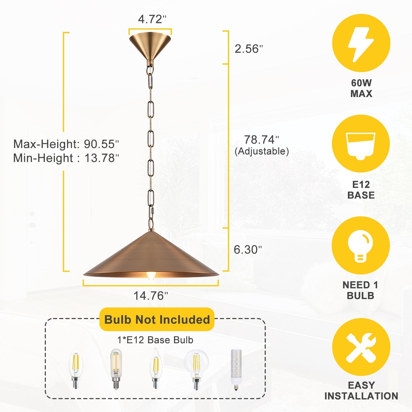 14.76 in. 60-Watt 1-Light Vintage Bronze Island Pendant Light with Cone Iron Shade for Kitchen, Dining Room