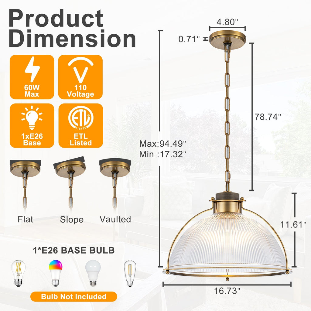 1-Light Industrial Brass Metal Dome Pendant Light with Clear Glass Shade for Kitchen Island, Dining Room
