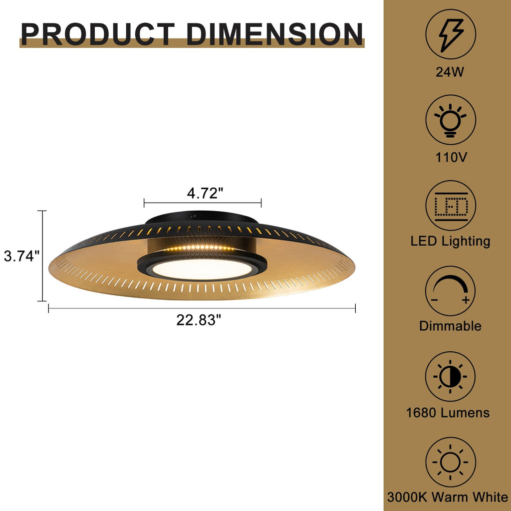 22.8 in. 1-Light Modern Industrial Black Dimmable LED Flush Mount Ceiling Light with Metal Dome Shade